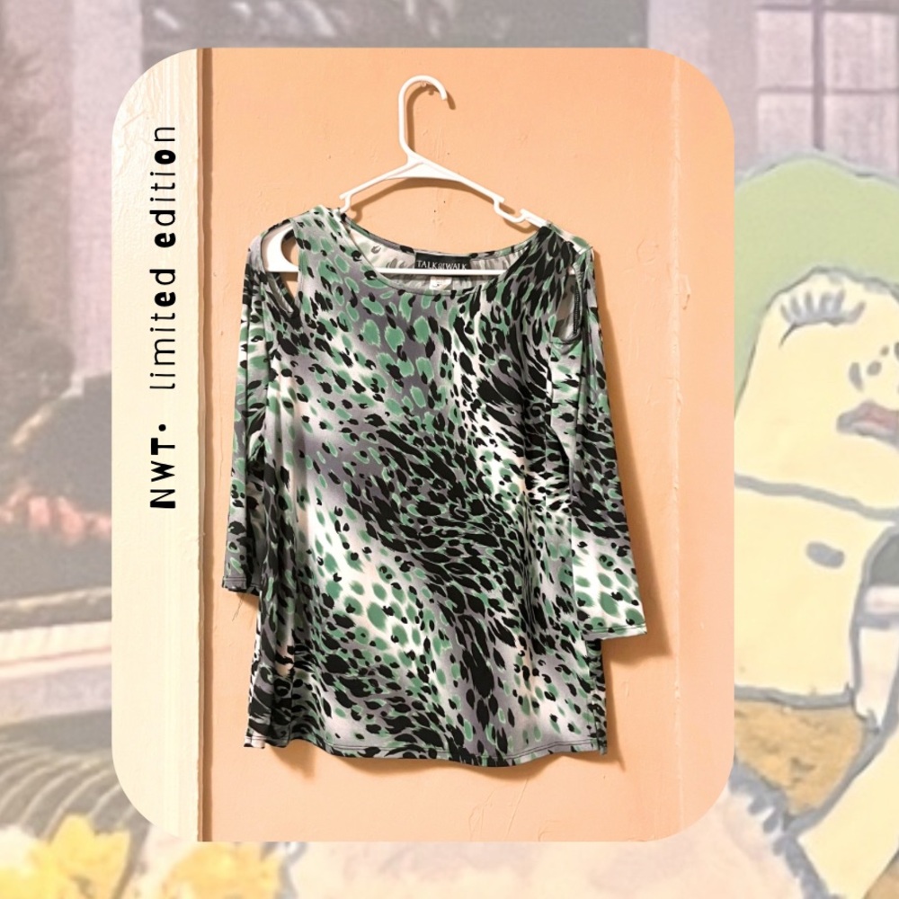 🆕 black & green leopard print cold shoulder long sleeve top